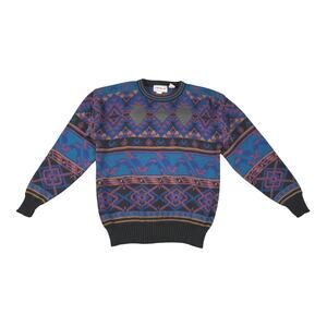 Vintage Campus‎ Men's Diamond Geometric Leather Trim Sweater Size L Retro